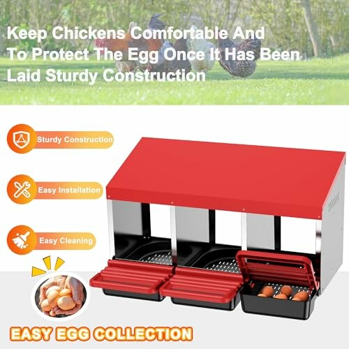 Chicken coop with egg collection feature and benefits highlighted.