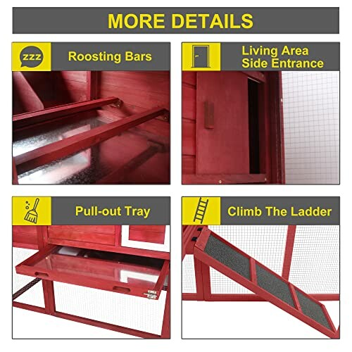 Chicken coop features: roosting bars, side entrance, pull-out tray, ladder.