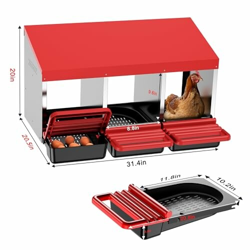 Chicken egg laying nest box with dimensions and red roof.