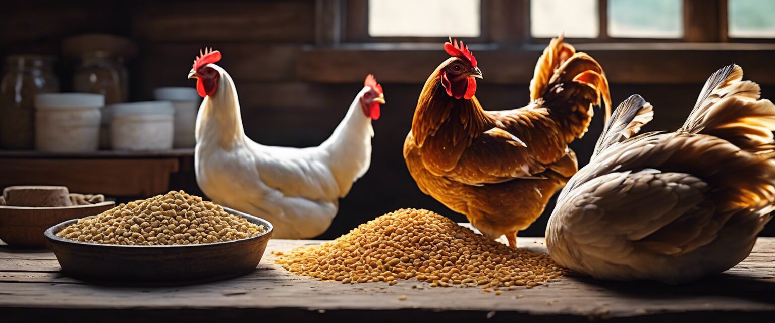 Different types of chicken feed displayed on a table