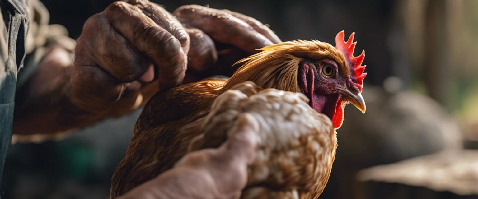 Farmer inspecting chicken's health